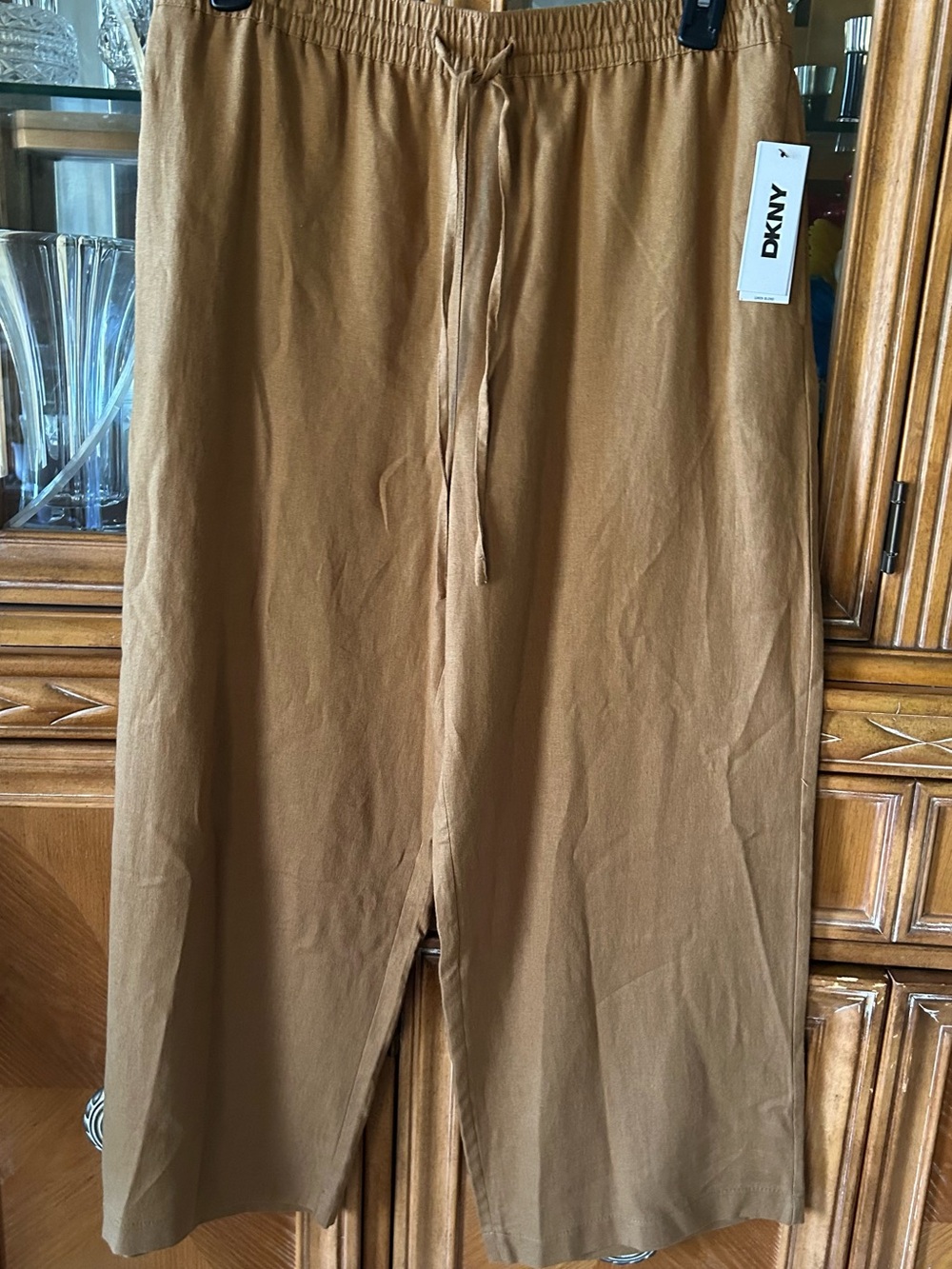 DKNY Linen Camel Wide-Leg Drawstring Pants